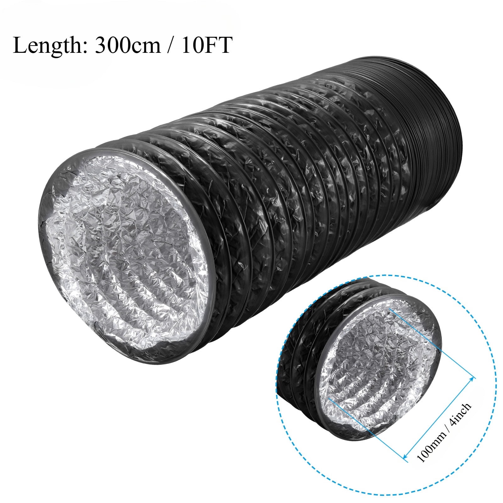 Black 4 Inch 10ft Dryer Vent Hose Flexible Insulated Air Ducting PVC Aluminum Foil for HVAC Ventilation