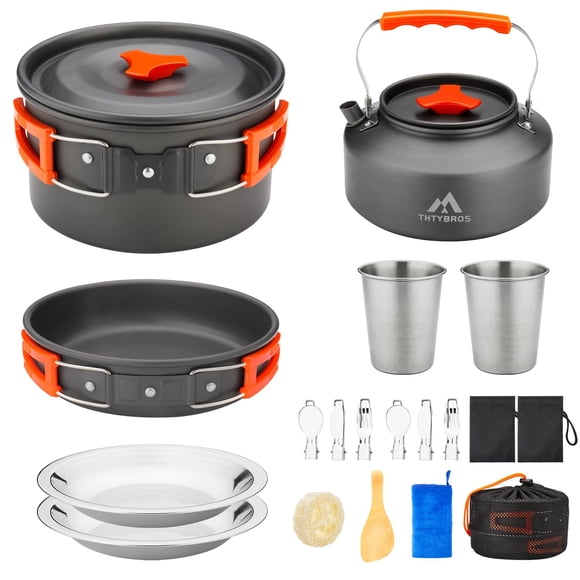 THTYBROS Juego de utensilios de cocina para camping de 17 piezas, olla de 0,45 galones, sartén de 7 pulgadas, juego de hervidor de agua de 0,30 galones con 2 juegos de tazas de acero inoxidable, plato