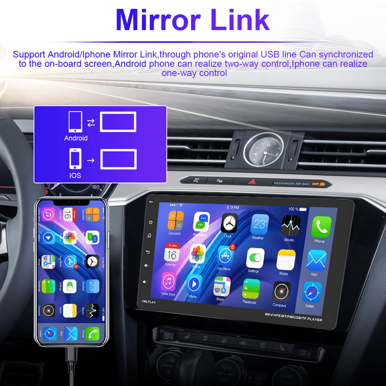 Podofo Single 1 DIN 9'' Car Stereo Radio Carplay Android Auto Touch Screen  Car Multimedia Player Bluetooth Mirror Link USB Charging FM,with 4 Led  Backup Camera 