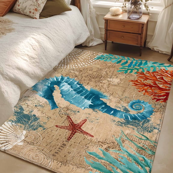Area Rug for Living Room, Brown Sea Seahorse Coastal Non-Slip Indoor Large Carpet for Bedroom/Dining Room, Nautical Coral Ocean Vintage Washable Low-Profile Rectangle Floor Runner Rugs - 4 x 6 Ft
