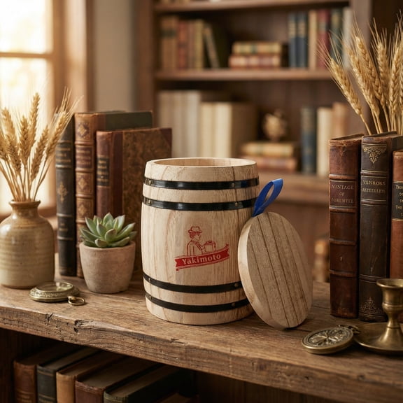 Yakimoto 1pc Decorative Wooden Storage Barrel Jar with Lid, Rustic Farmhouse Kitchen Countertop Organizer for Grains & Snacks, Moisture Proof Wood Canister, Cool White Elephant Gift Idea