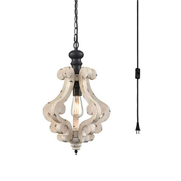 Claxy Wooden Plug In Pendant Light Distressing Off White Farmhouse Hanging Light Fixture Walmart Com Walmart Com