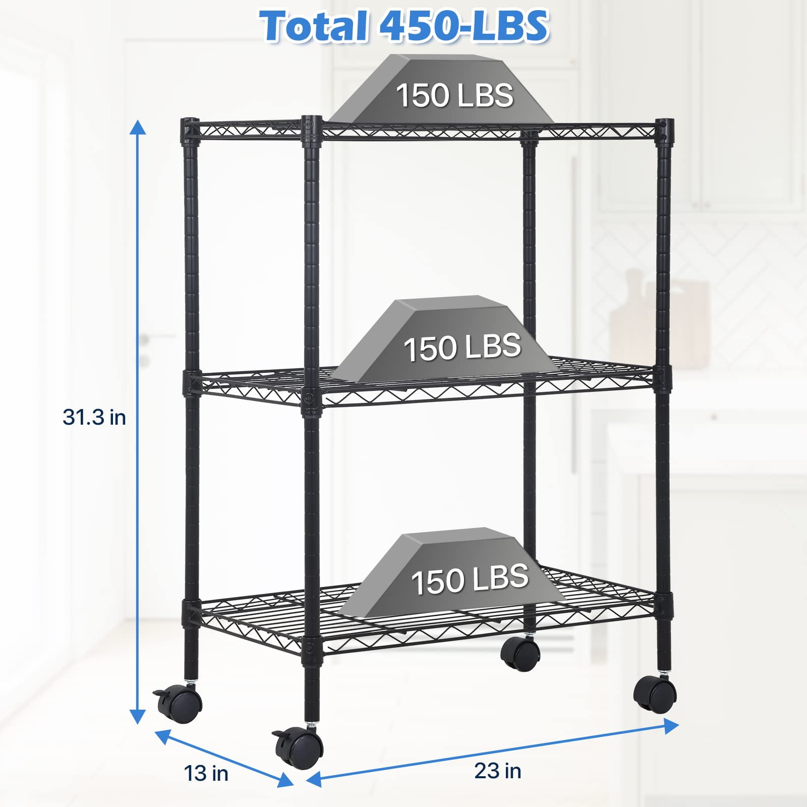 NiamVelo 3-Tier Wire Shelving Unit, NSF Metal Storage Shelves Adjustable Wire Shelf with Wheels for Kitchen Office Pantry Bathroom Garage, Black