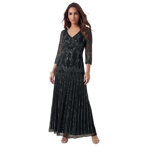 Roaman's Women's Plus Size Beaded V-Neck 3/4 Sleeve Sleeve Maxi Gown