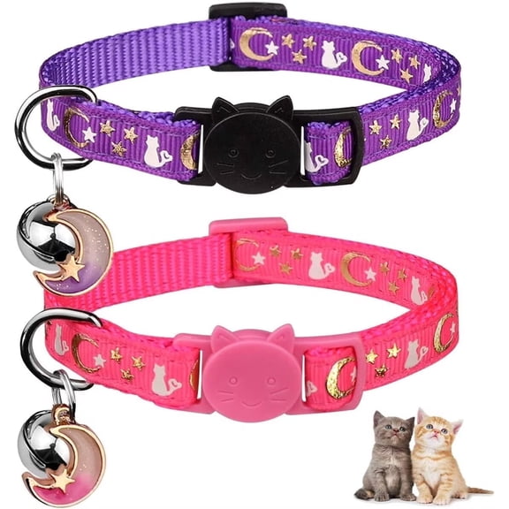 Xekoro 2PCS Breakaway Cat Collars with Bell Moons Stars Cute Kitty Adjustable Safe Kitten Collars with Pendant Glow in The Dark(Purple&Pink)