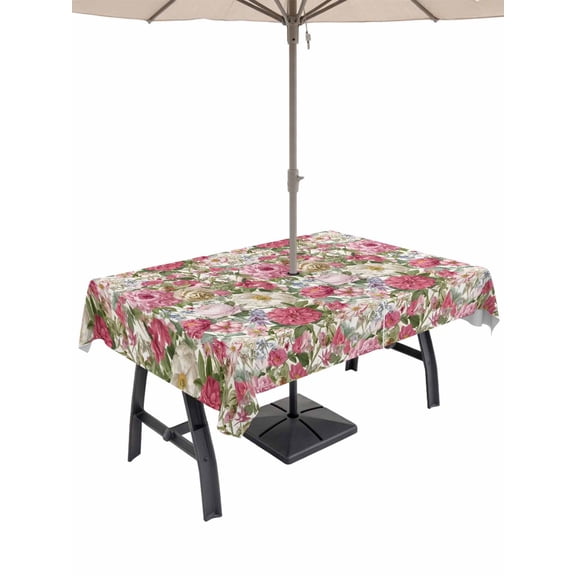Outdoor Tablecloth with Umbrella Hole and Zipper, Pink Spring Floral Rectangle Table Cloth 60x102 Inch Waterproof Tablecloth, Vintage Summer Botanical Picnic Table Cover for Patio Camping