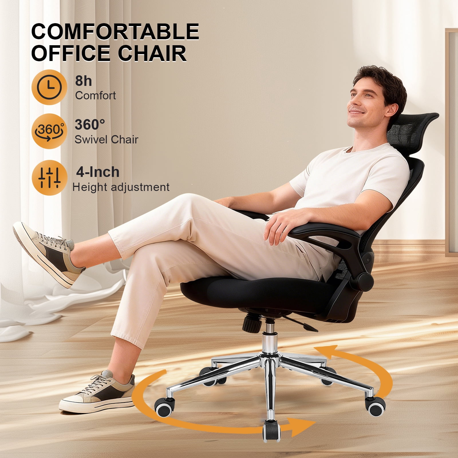 Office Chair Ergonomic Desk Chairs with Adjustable Lumbar Support& Headrest Hanger, High Back Breathable Mesh Chair with Wheels, Rolling Swivel Comfy Task Computer Chair for Home Work Gaming