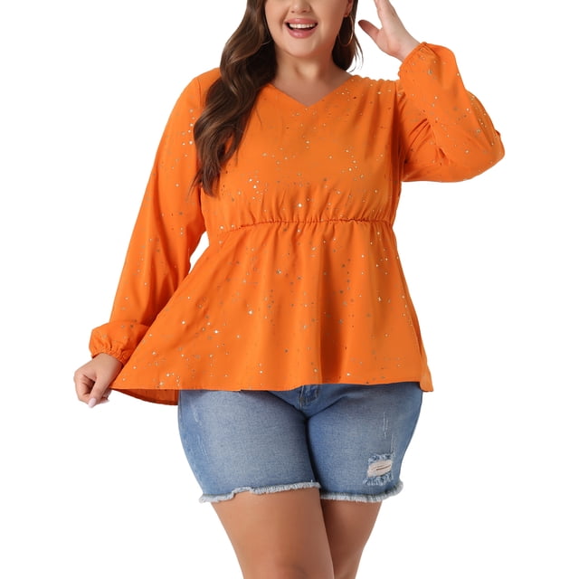 Blusas de mujer de talla grande Agnes Orinda, de manga larga, con escote en V, peplum, con volantes y cintura elástica, 1X, color naranja