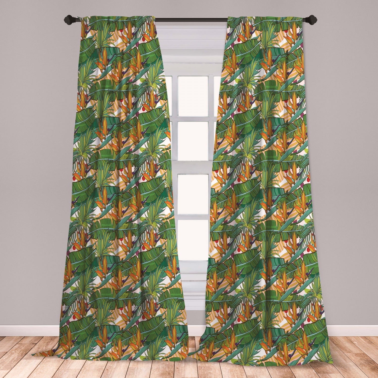 Exotic Curtains 2 Panels Set, Continuous Pattern with Tropical Foliage