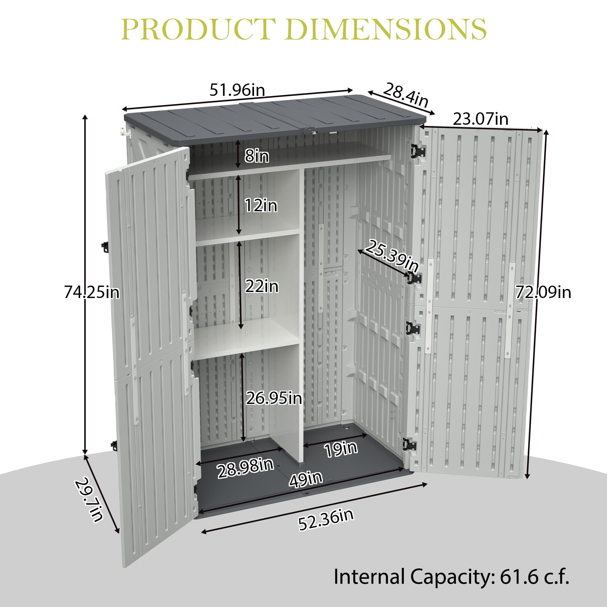 LZBEITEM 61 Cu.ft Upgraded Outdoor Horizontal Storage Shed with 4 Adjustable Shelves, Weather-Resistant Resin Tool Sheds, Multi-Opening Door, Waterproof & Lockable