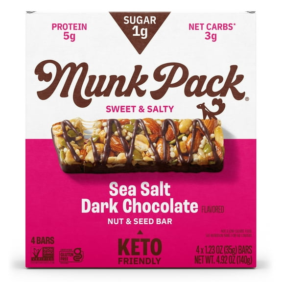 MUNK PACK 1g Sugar Nut & Seed Bars, Sea Salt Dark Chocolate - Low Carb Keto Bars, Low Sugar Snacks, Gluten Free - Box, 4 Count, 1.23oz