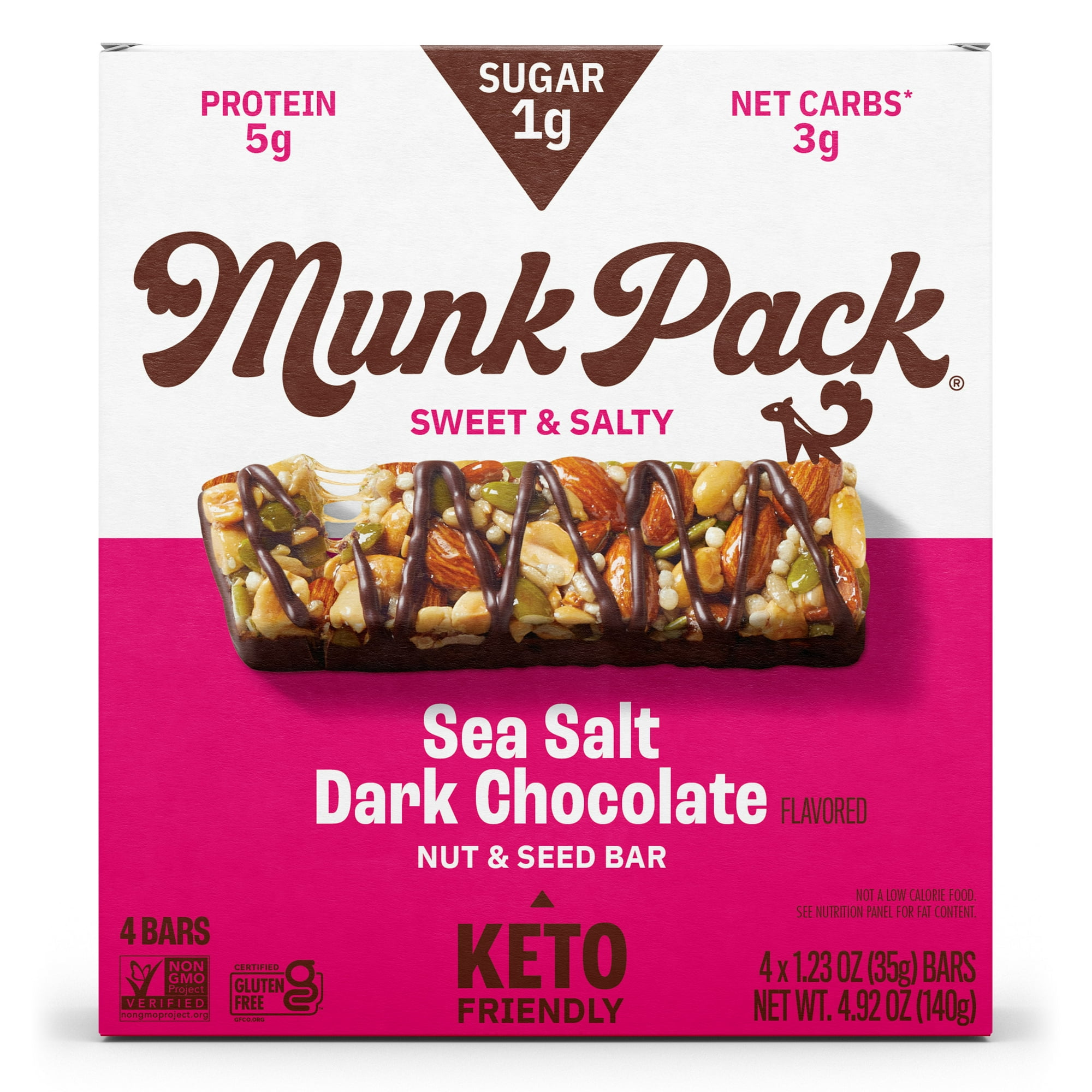 MUNK PACK 1g Sugar Nut & Seed Bars, Sea Salt Dark Chocolate - Low Carb Keto Bars, Low Sugar Snacks, Gluten Free - Box, 4 Count, 1.23oz