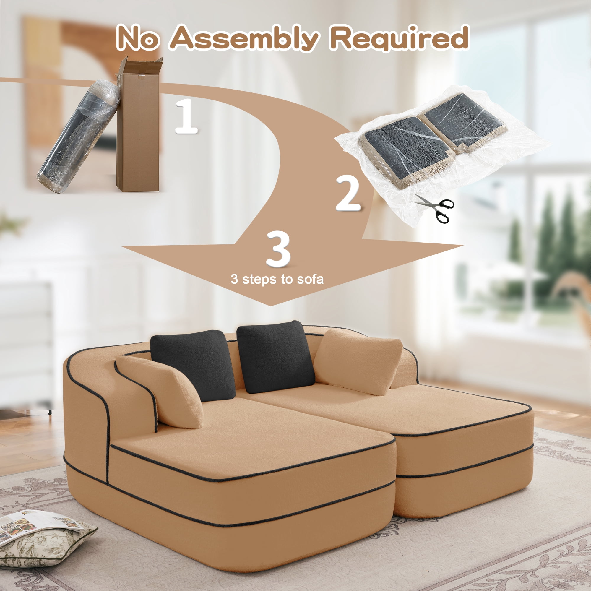 106" Teddy Fabric No Assembly 32D Boneless Sofa, Comfy Couch with L-Shaped Chaise for Living Room, Camel