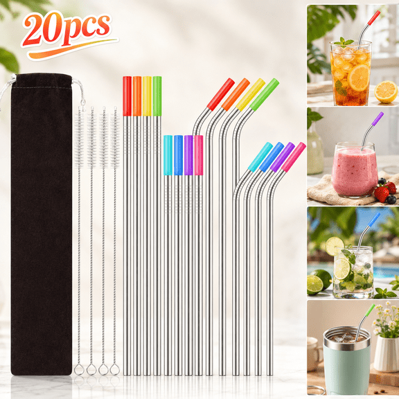 Ustris  20PCS Reusable Stainless Steel Straws with Travel Case Cleaning Brush Silicone Tips Eco Friendly Extra Long Metal Straws Drinking for 20 24 30 oz Tumbler