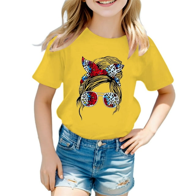 LUOGENLI T-Shirt pour Filles Enfant Filles Mignon Imprimé Graphique Col Rond Manche Courte Tee Été Décontracté T-Shirt Maxi Chemises pour Filles 2025 Jaune 9-10 Ans