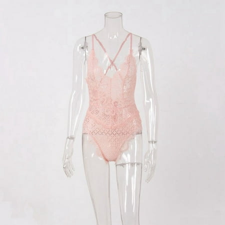 Women One Piece Lingerie Deep V Teddy Sexy Lace Bodysuit Open Back S-XXL (Pink L)