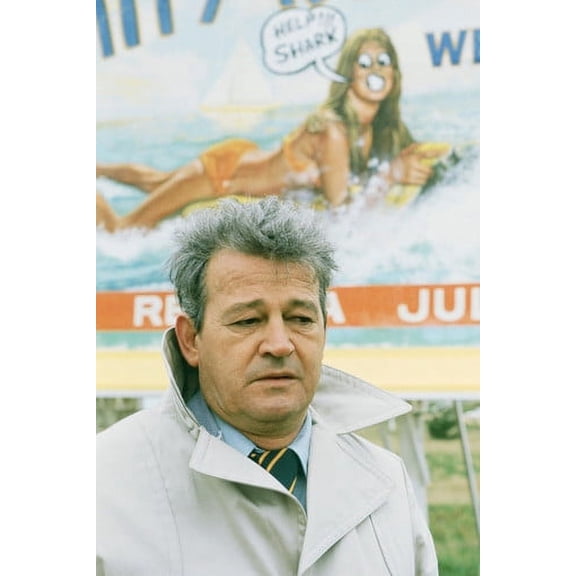 Jaws Color 24x36 Poster Murray Hamilton Classic in front of poster on beach