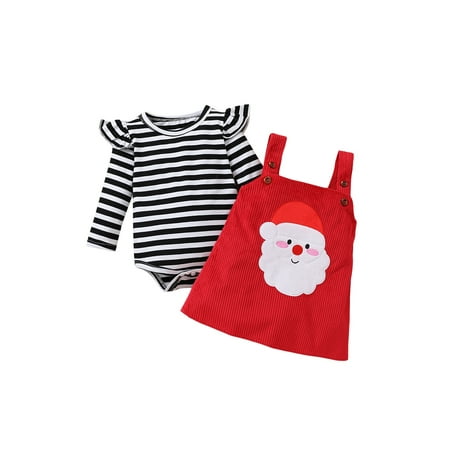 

xingqing 0-24 Months Christmas Newborn Baby Girl Skirt Set Long Sleeve Striped Romper Santa Claus Suspender Skirt 2Pcs Fall Suit Red 12-18 Months