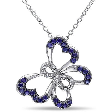 Tangelo 1/2 Carat T.G.W. Created Blue Sapphire and Diamond-Accent Sterling Silver Butterfly Pendant, 18