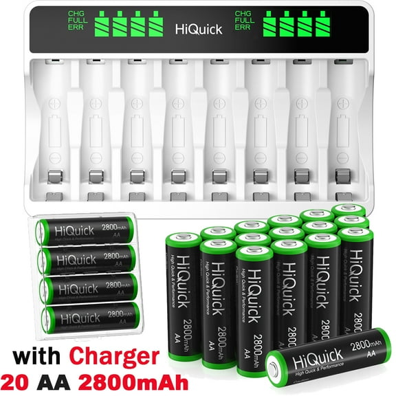 HiQuick 20x Rechargeable AA Batteries 2800mAh 1.2V NiMH with 8 Bay LCD Battery Charger for Ni-MH Ni-CD AA AAA
