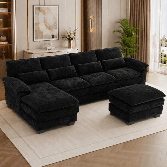 Rophefx 113" U Shaped Modular Sectional Sofa 4 Seat Chenille Cloud Couch Sofa with Chaise,Ottoman&Deep Seat for Living Room,Light Black