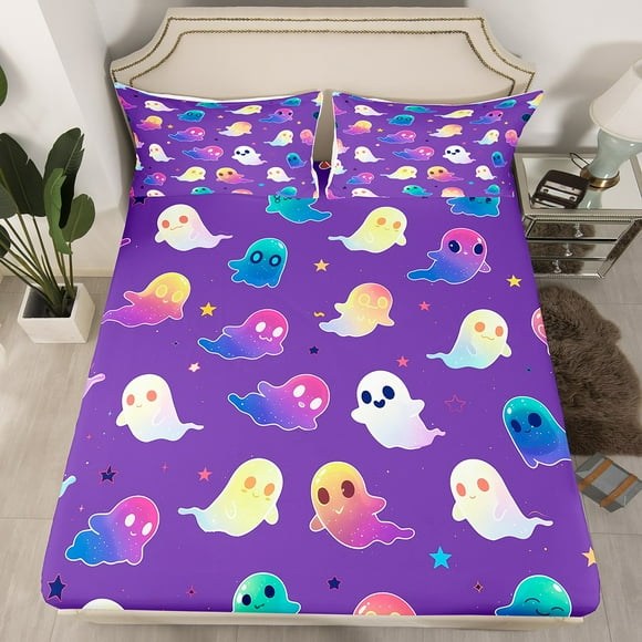 YST Cute Spooky Animal Bedding Full Size Colorful Neon Ghost Bed Sheets for Kids Boys Girls, Western Festival Fitted Sheet Psychedelic Stars Bed Set, Indigo Halloween Theme Sheet (Deep Pocket)