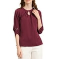 thumbnail image 1 of CURVOSPORT Camisa Elegante para Mujeres Top de Oficina con Abertura Clave Plisado Frontal Arrugado de Manga 3/4 Blusa de Chifón Talla XS Rojo Vino, 1 of 8