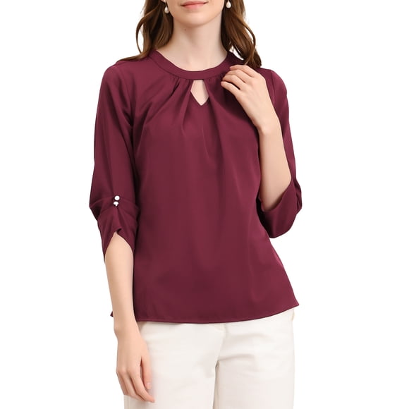 CURVOSPORT Camisa Elegante para Mujeres Top de Oficina con Llave Plisado Frontal Arrugado de Manga 3/4 Blusa de Chifón L Rojo Vino