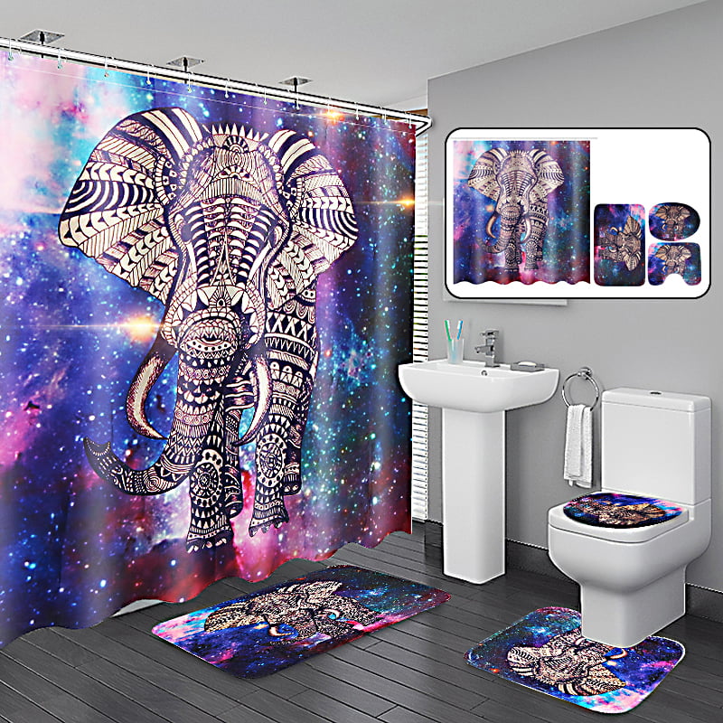 4Pcs Elephant Non-Slip Rug Toilet Lid Seat Cover Bath Mat Shower Curtain 
