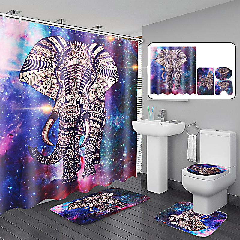 US Elephant Shower Curtain Anti-Slip Bath Mat Pedestal Rug Lid Toilet Seat Cover