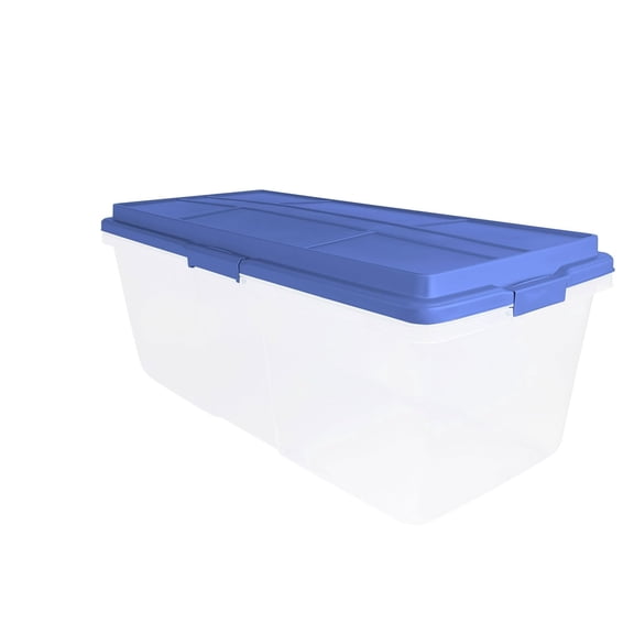 113 Qt Large-Capacity Clear Plastic Stackable Storage Bin with Locking Latches & Tall Lid - Ideal for Home, Office, Garage | Stores Crafts, Household & Seasonal Items (Blue)