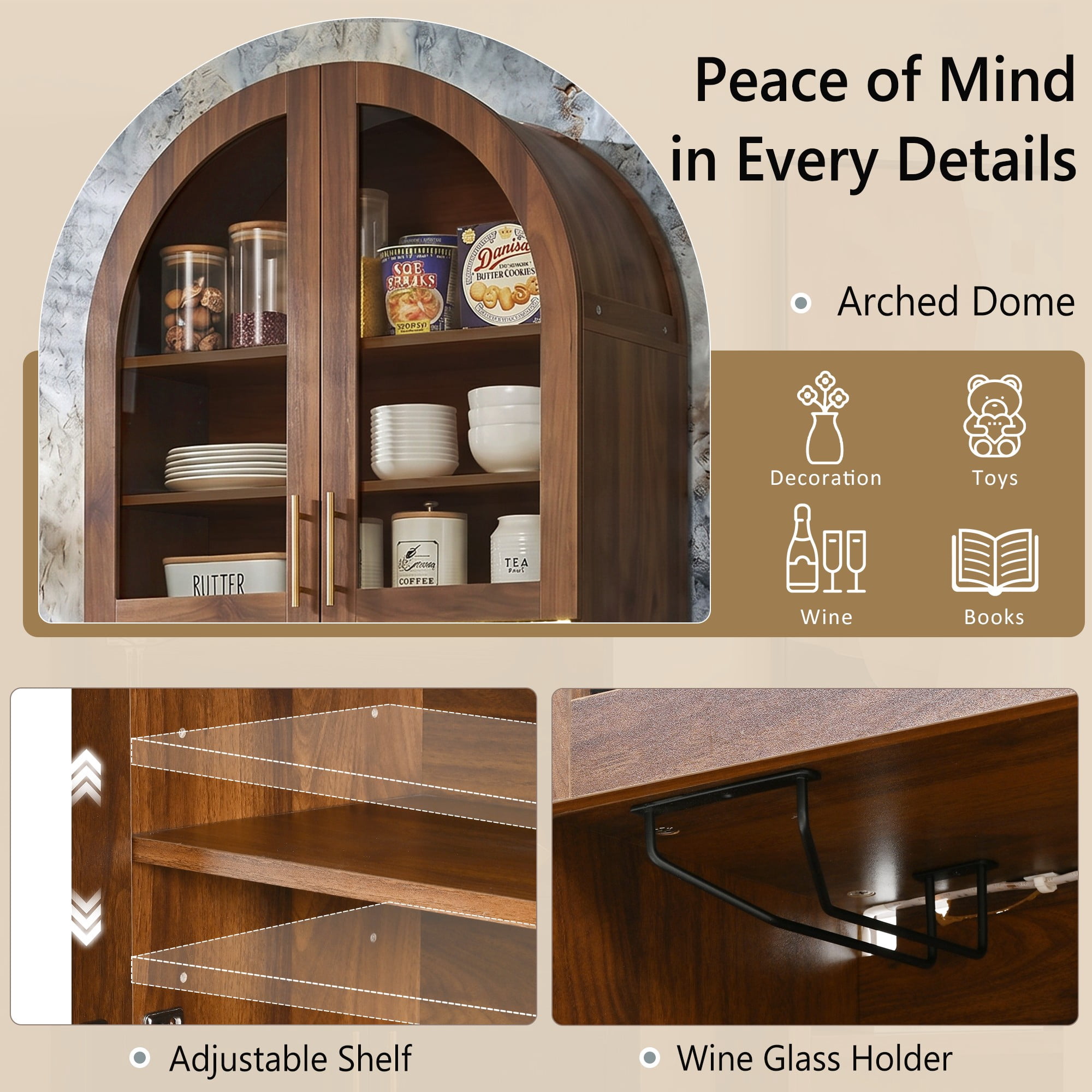 Aukfa 73" Tall Arched Kitchen Pantry, Accent Storage Cabinet with 3 Glass Doors & Door Shelves, Farmhouse Cupboard, Walnut