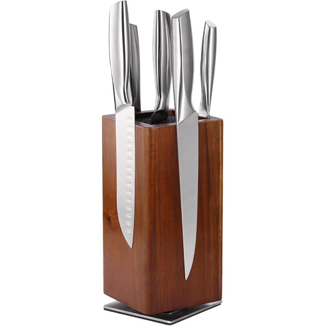 Magnetic Knife Block Without Knives, 360°Rotatable Knife Holder with with Four Sided Magnets & Non-Slip Base,Kitchen Acacia Wood Universal Magnetic Knife Storage Rack with Bristles (Wood)