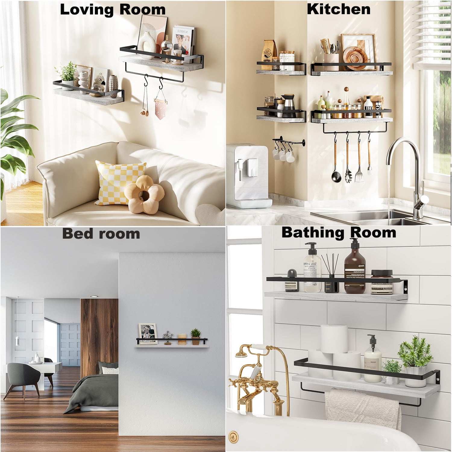2-Tier White Wall-Mounted Floating Shelves W/Guardrail & Towel Bar, 16 Inch Rustic Wood Storage Shelf for Living Room Kitchen Bedroom, Bathroom Shelves Over The Toilet