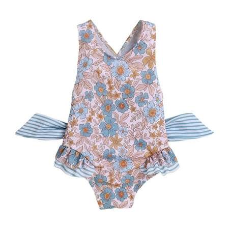Gubotare Baby Girl Swimsuit One Piece Swimsuits Floral Plaid Print Fly Sleeve Summer Jumpsuit Swimwear Beachwear Bikini Bathing Suit 0 3 6 9 12 18 24 Months 2T 3T 4T 5T 6T(Blue 1-2 Years)