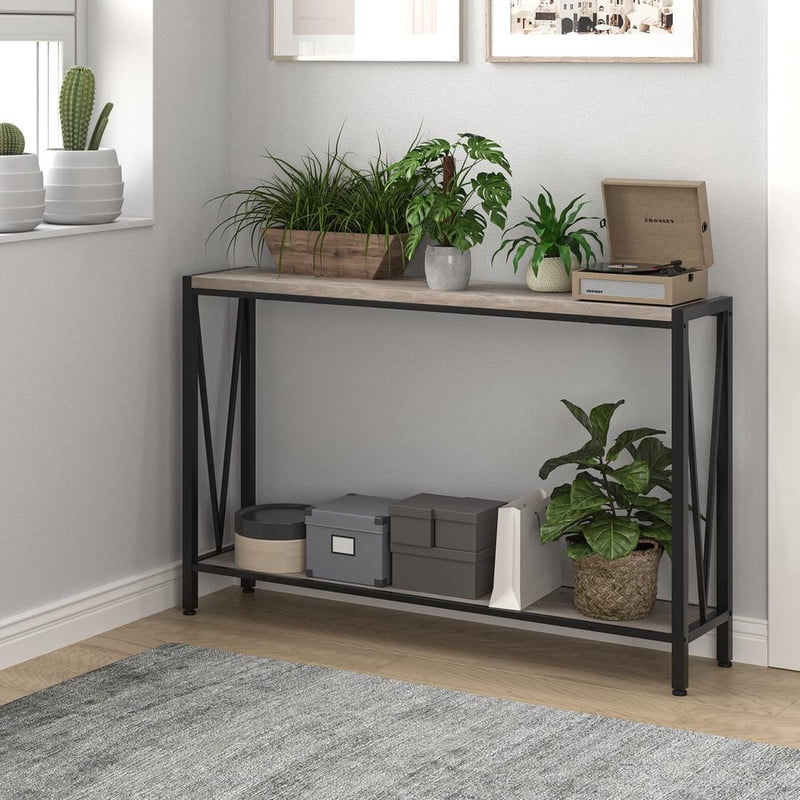 Sofa Table with Storage, 2-Tier Narrow Console Table with Shelves, Industrial Entryway Table for Living Room/Hallway/Foyer, Metal Frame V-Design Accent Furniture