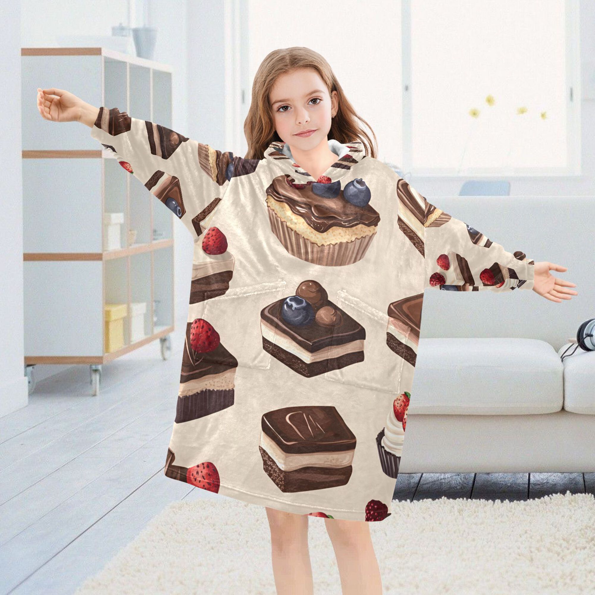 FORMRS Wearable Blanket Hoodie with Sleeves for Kids Cozy Flannel Sweatshirt, Blue Cakes