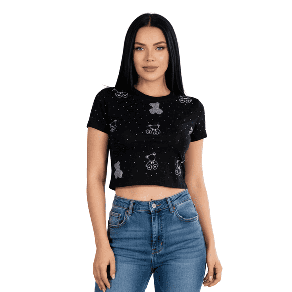 Blusa Crop Top Con Estampado De Ositos Y Detalles Brillantes