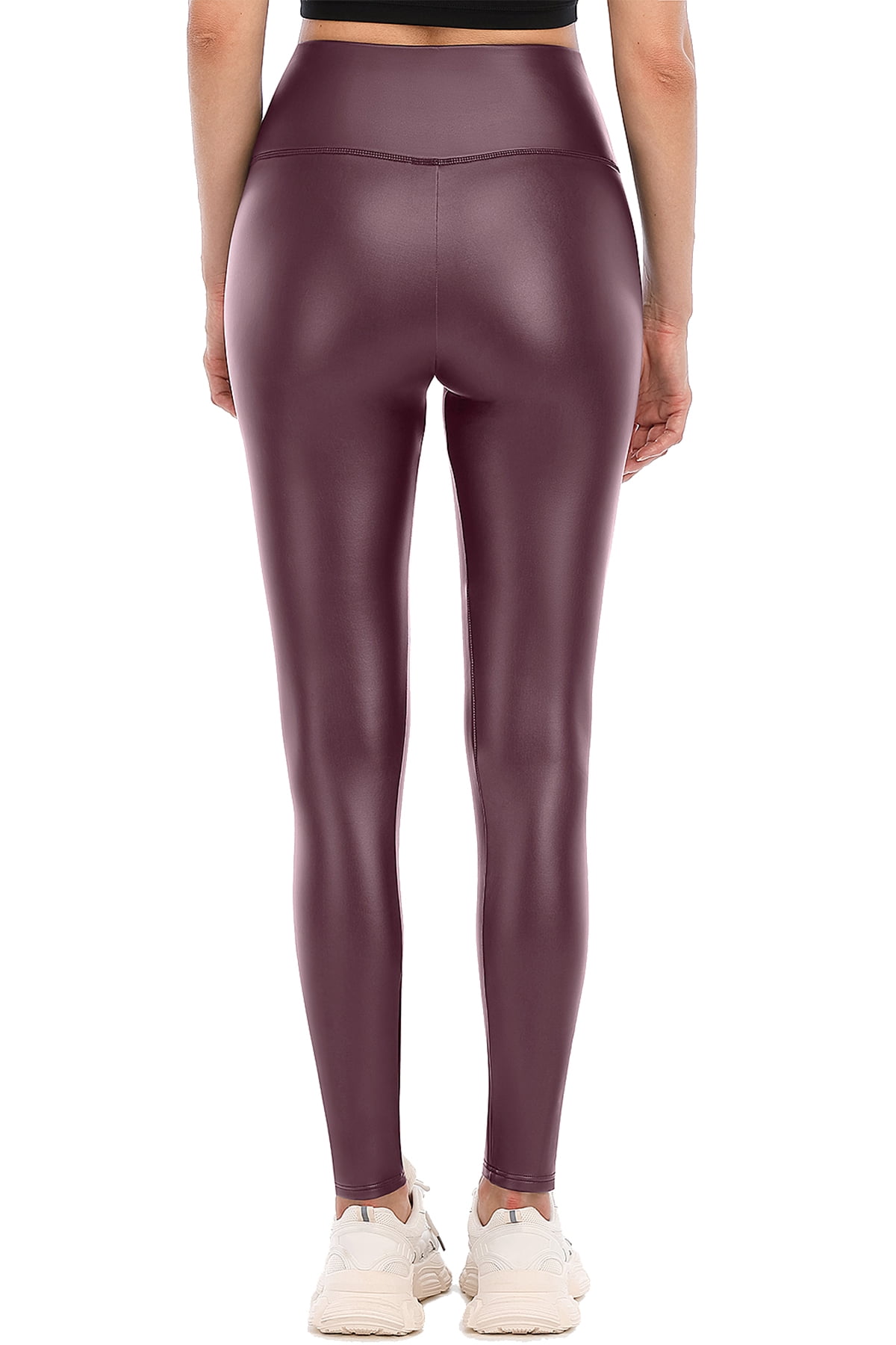 Women's Faux Leather Thermal Leggings Fleece Lined Warm Yoga Pants with Pockets