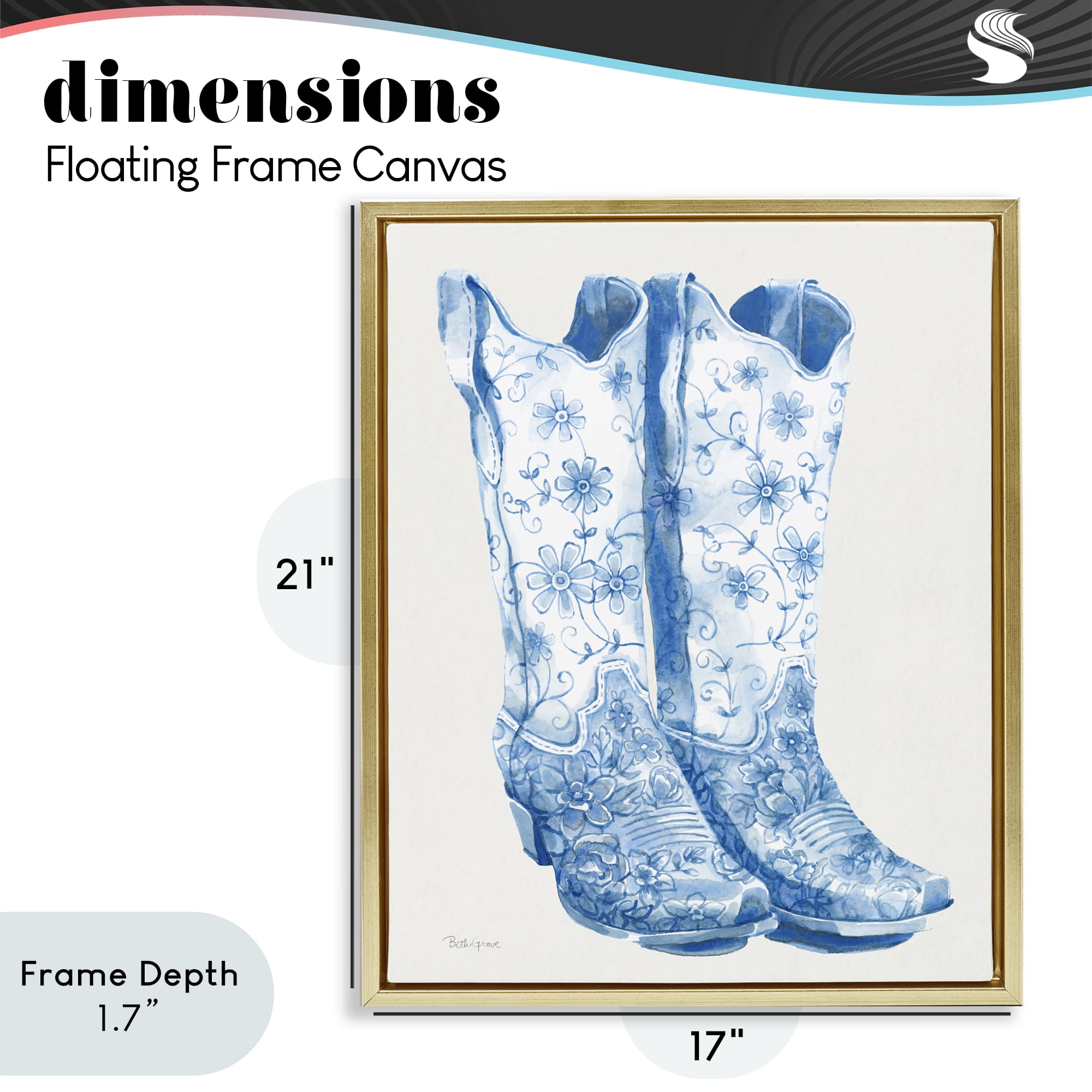 Stupell Industries Blue Boots with Floral Embroidery Gold Framed Floater Canvas Wall Art, design by Beth Grove