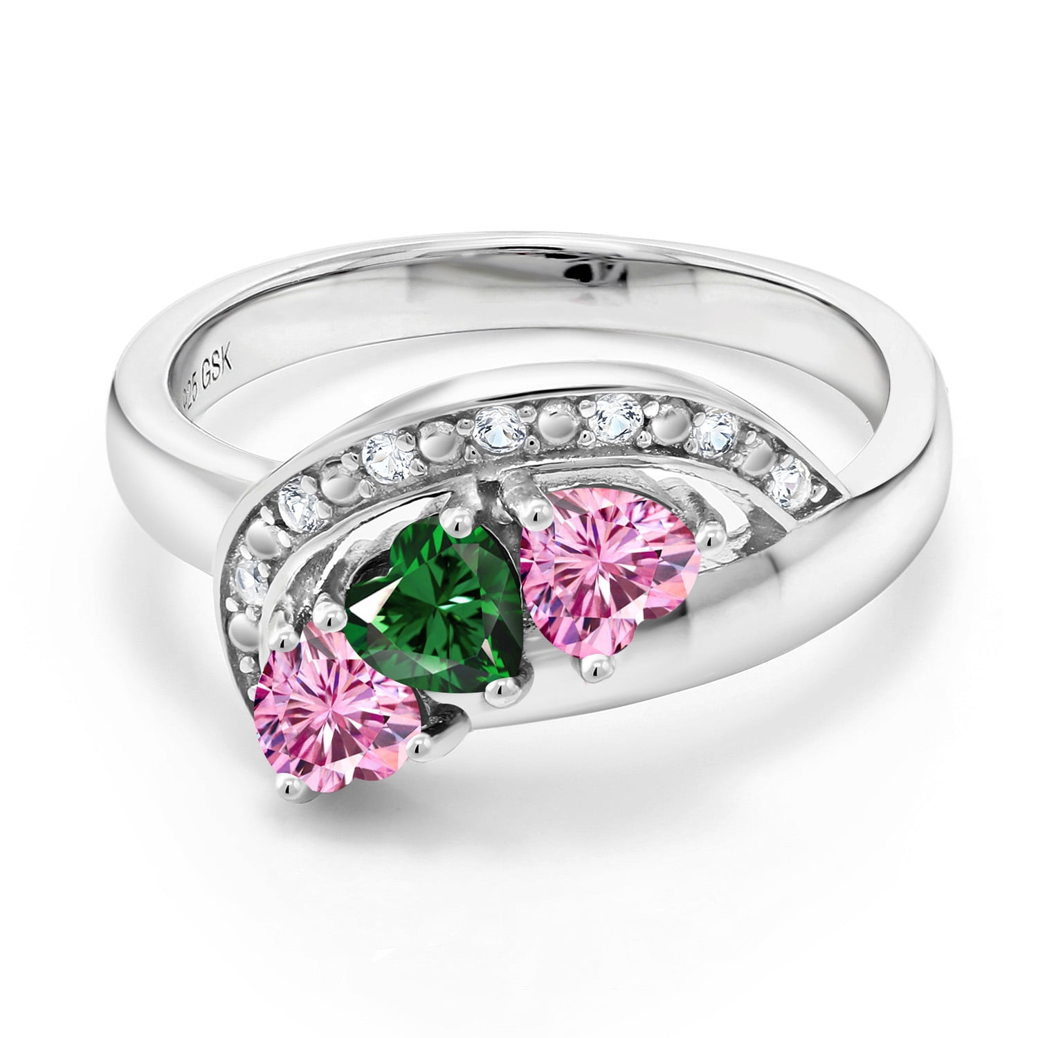 Gem Stone King 0.96 Cttw Green Nano Emerald and Pink Moissanite and White Created Sapphire Engagement Ring for Women | 925 Sterling Silver | Gemstone Birthstone | Heart Shape 4MM | Size 6