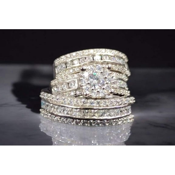 Hitanshu Jewels Engagement Wedding Ring Set For Men & Women Round Cut CZ 14K White Gold Finish