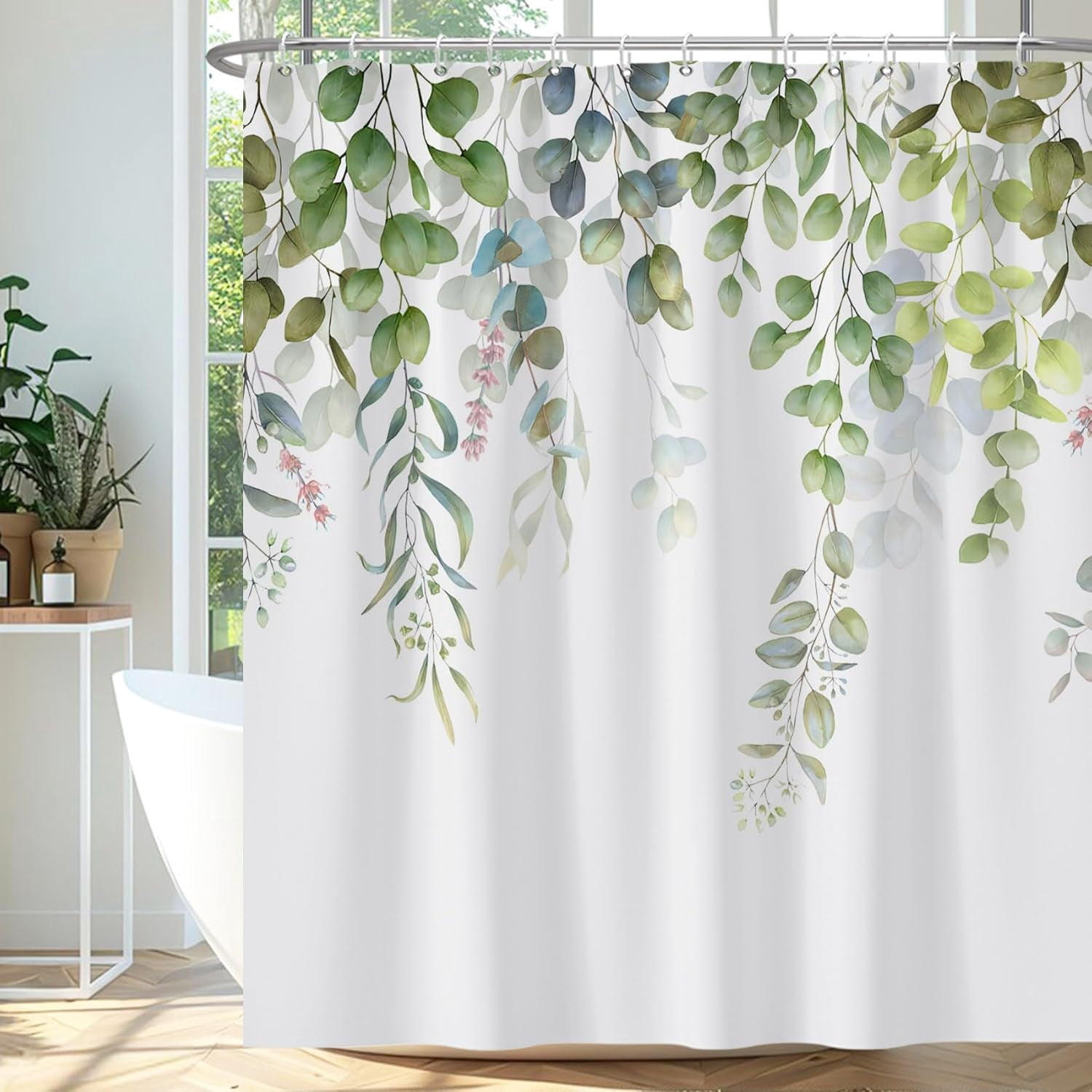 72x84 Inches Sage Green Leaves Shower Curtain Watercolor Eucalyptus Leaf Floral Plant Bath Curtain Botanical Fabric Shower Curtain for Bathroom Decor Set Polyester Waterproof with Hooks
