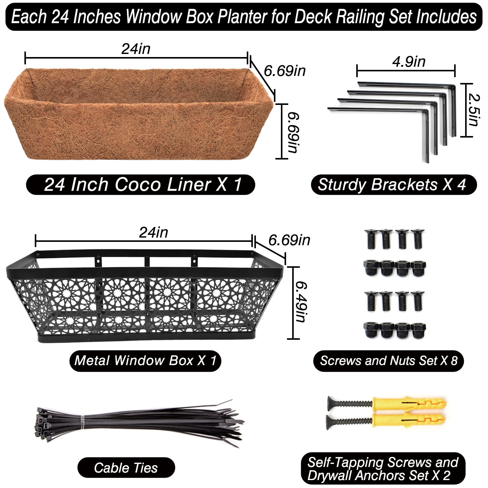 ZeeDix 2PCS 24 inch Window Box with Coco Liner Sturdy Metal Railing Planter with Coco Coir Basket Liners for Window Deck Fence Porch and Patio Outdoor Indoor Lawn