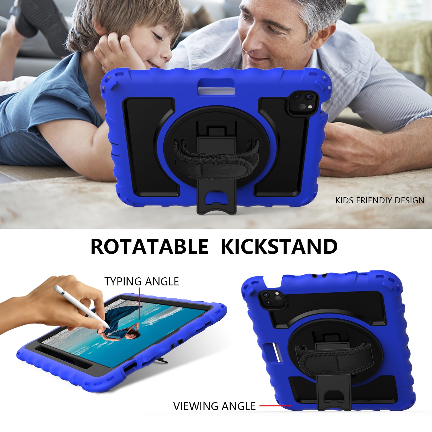 Allytech iPad Air 5 4 10.9 Case 2022/2020, Heavy Duty Shockproof Kids Case with Pencil Holder Hand Strap Kickstand Shoulder Strap for Apple iPad Air 5th 4th Generation 10.9 Inch -Blue