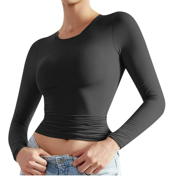 Naughtyhood Women's Long-Sleeved Round Neck Solid Color Navel-Baring Neck T-Shirt Bottoming Tops Fashion Fallow Commuting Undershirt Slim Soft Breathable Integral Pullover Tops