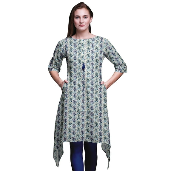 Bimba Blue Tie & Dye Shibori Asymmetric Kurta Indian Tunic Tops For Women Printed Indian Clothing X-Large