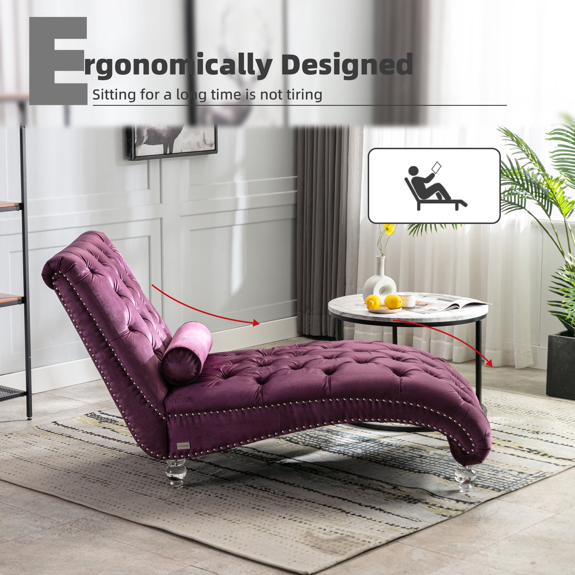 MOONMISS Velvet Chaise Lounge Chair Button Tufted Upholstered with Pillow Indoor