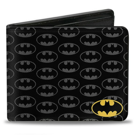 DC Comics Wallet, Bifold, Bat Signal Corner Monogram Black Gray Yellow, Vegan Leather