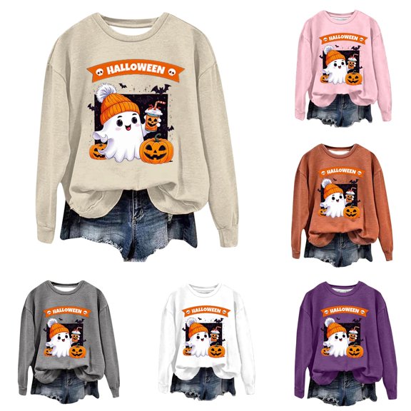 Yuhangmm Hooded Sweatshirt Women Halloween Printed Crewneck Sweatshirt with Festive Graphic Design and Soft Breathable Material for Holiday Style C XL